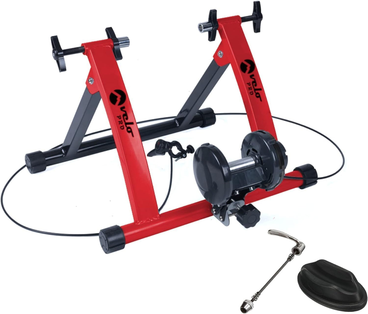 Rullo da allenamento magnetico Velo Pro rosso, struttura robusta in metallo, design compatto con rulli neri e accessori inclusi