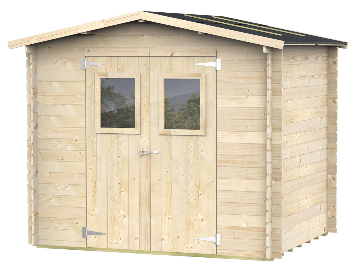 Casetta in legno Bh19, dimensioni 248x198 cm, con porte a doppio battente e finestre, tetto nero e pareti in legno chiaro naturale