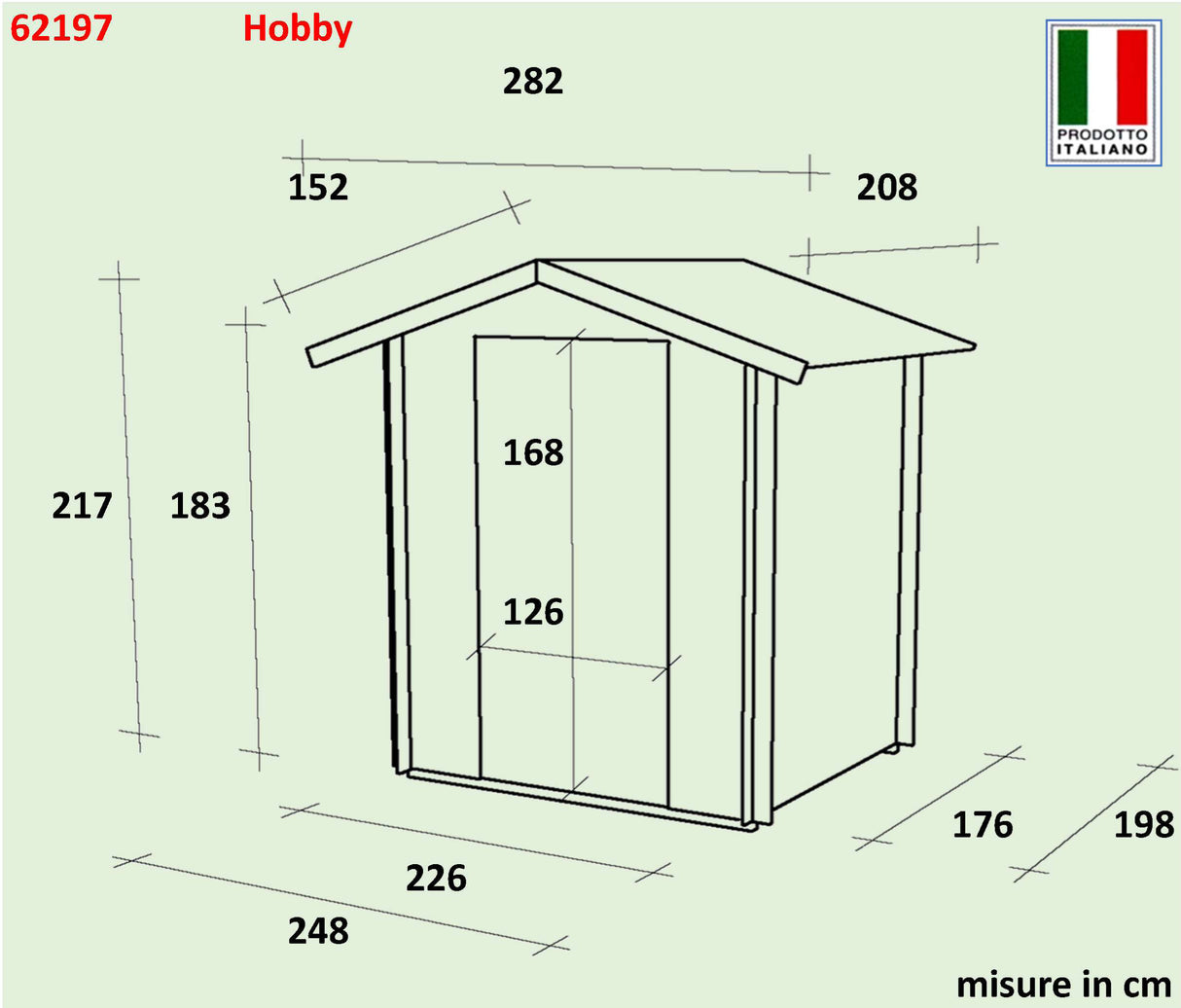 Casetta Bh19 Hobby in legno, misure 248x198 cm, con tetto a due falde e porte frontali, design semplice e funzionale
