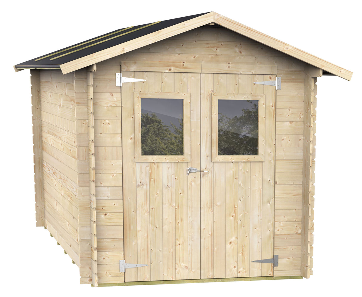 Casetta in legno Bh19 Roby 198x198 cm con tetto nero, porte a doppio vetro e finitura naturale, ideale per giardini e spazi esterni