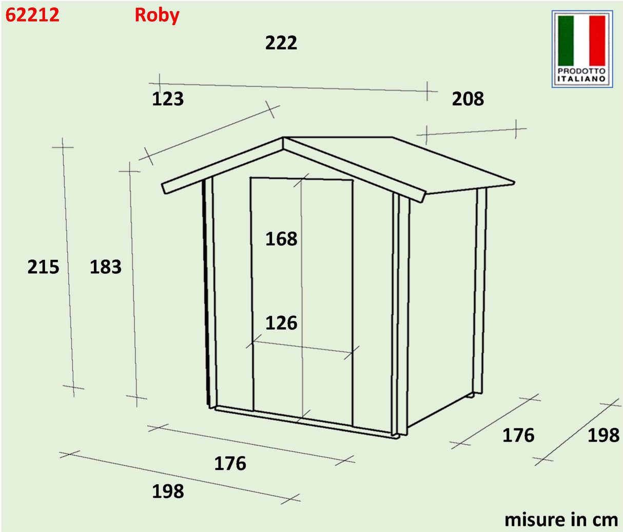 Casetta in legno Bh19 Roby, dimensioni 198x198 cm, con tetto a due falde e linee semplici, ideale per giardini e spazi esterni