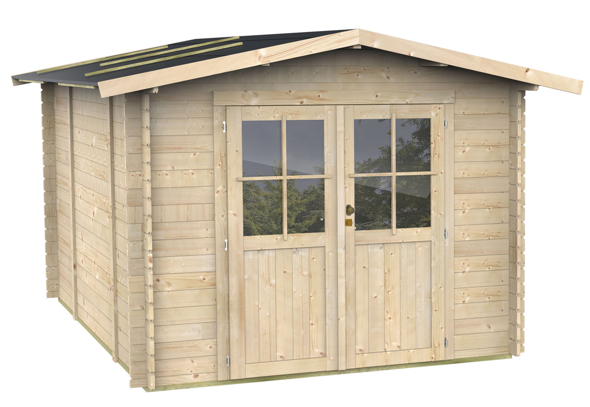 Casetta in legno Bh25 Opera 215x250, con porte a vetri, tetto spiovente e finitura naturale, ideale per giardini e spazi esterni