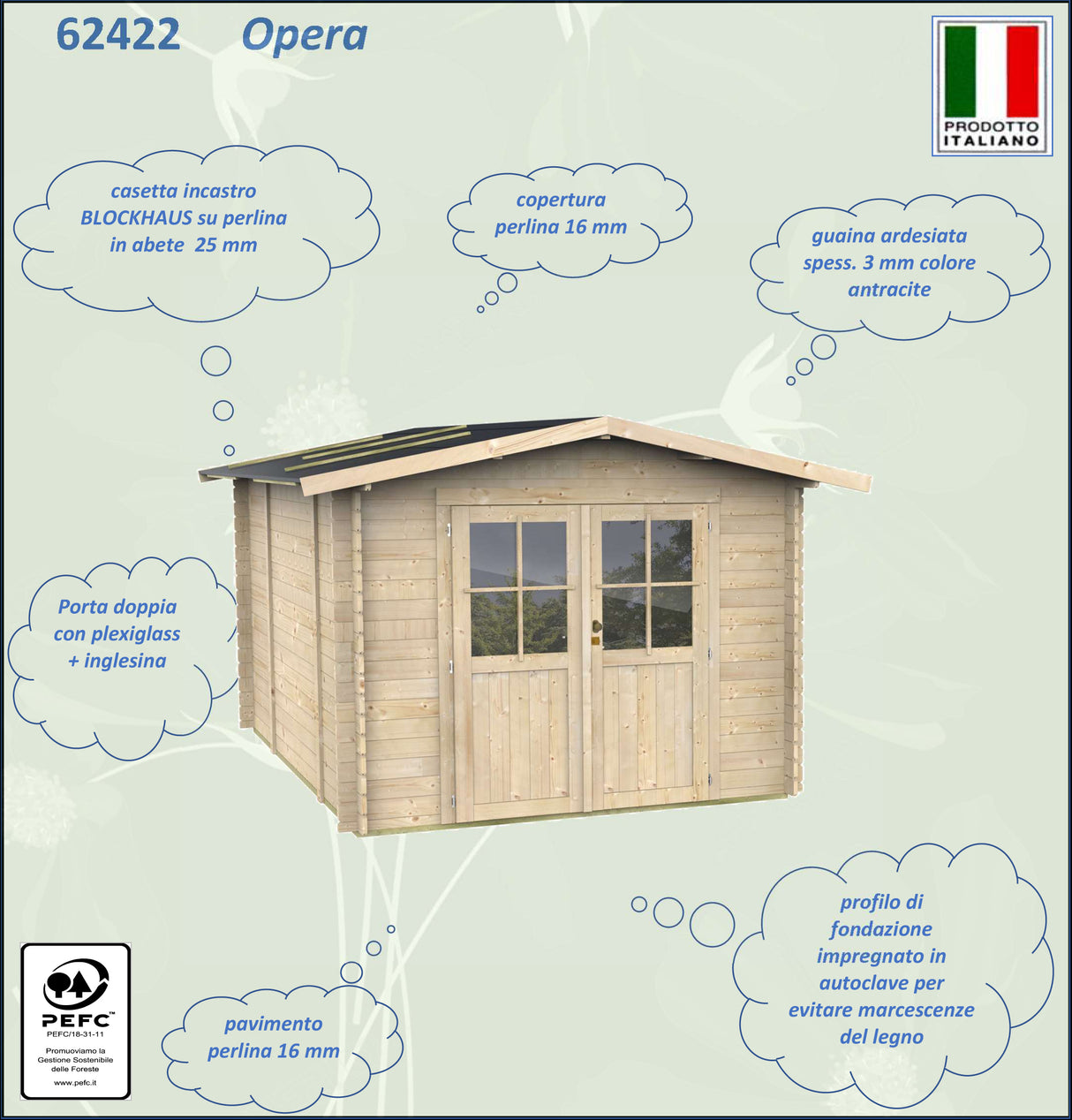 Casetta in legno di abete, con doppia porta in plexiglass, tetto a due falde e pavimento in legno, finitura naturale chiara