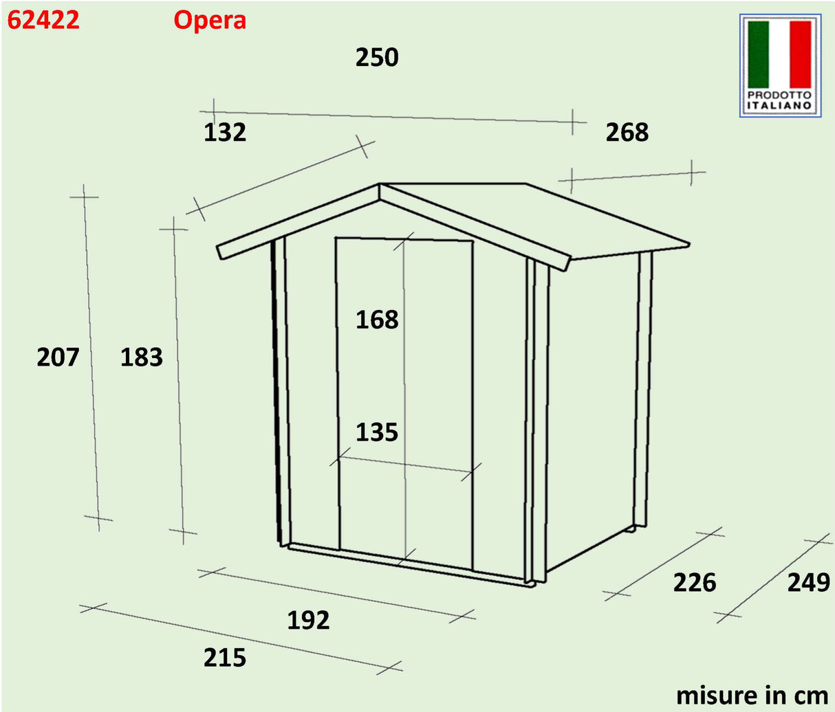 Casetta Bh25 Opera in legno, dimensioni 215x250 cm, con tetto a due falde e porte frontali, design semplice e funzionale