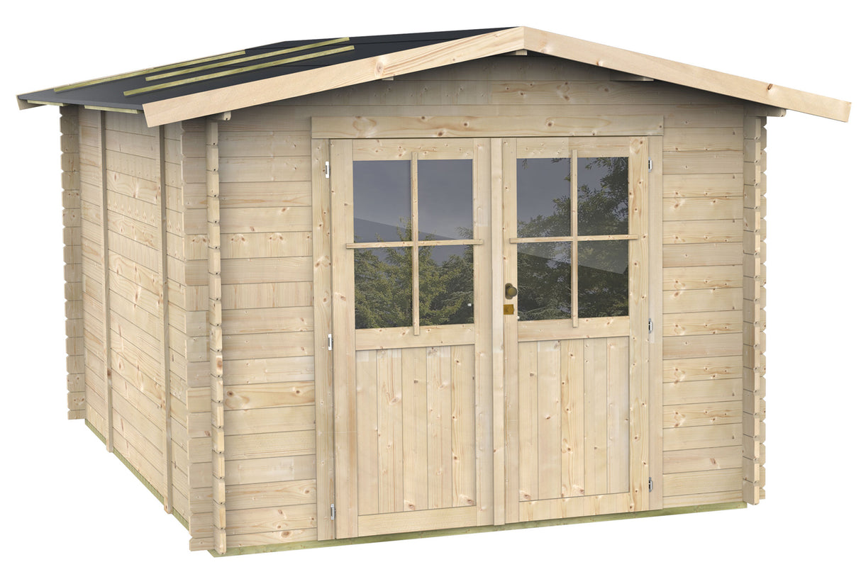 Casetta in legno Bh25 Opera 300x250, con tetto nero, porte a vetri e finitura naturale, ideale per giardini e spazi esterni