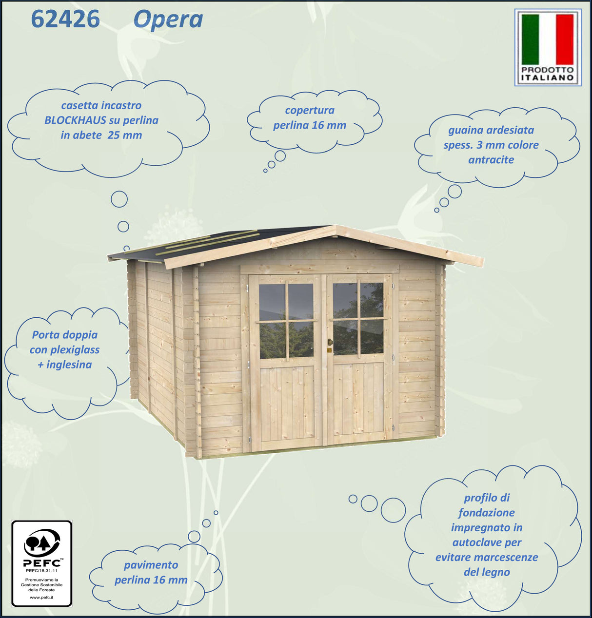 Casetta in legno Opera 300x250, con pareti in abete, tetto in ardesia grigia, porta doppia con vetri, pavimento in legno 16 mm