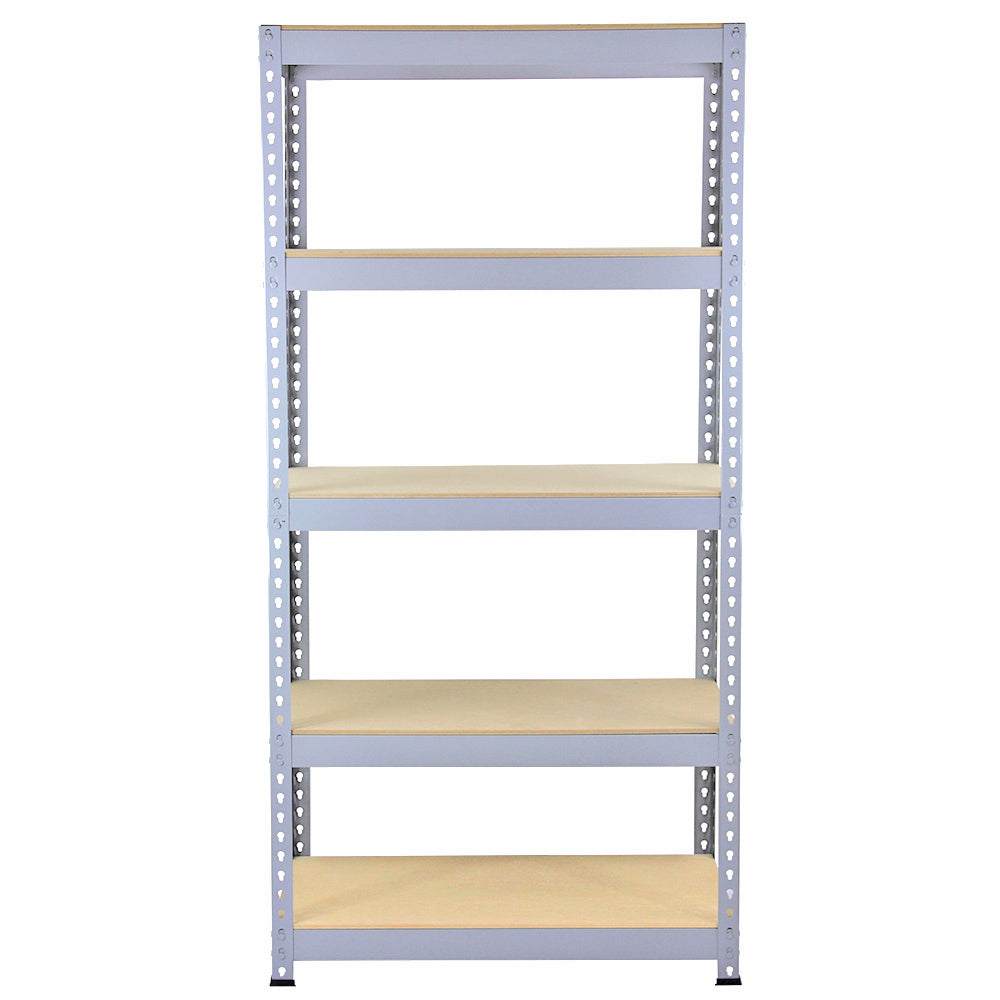 Scaffale da garage grigio in metallo con cinque ripiani in legno, design robusto e pratico per ottimizzare lo spazio di stoccaggio