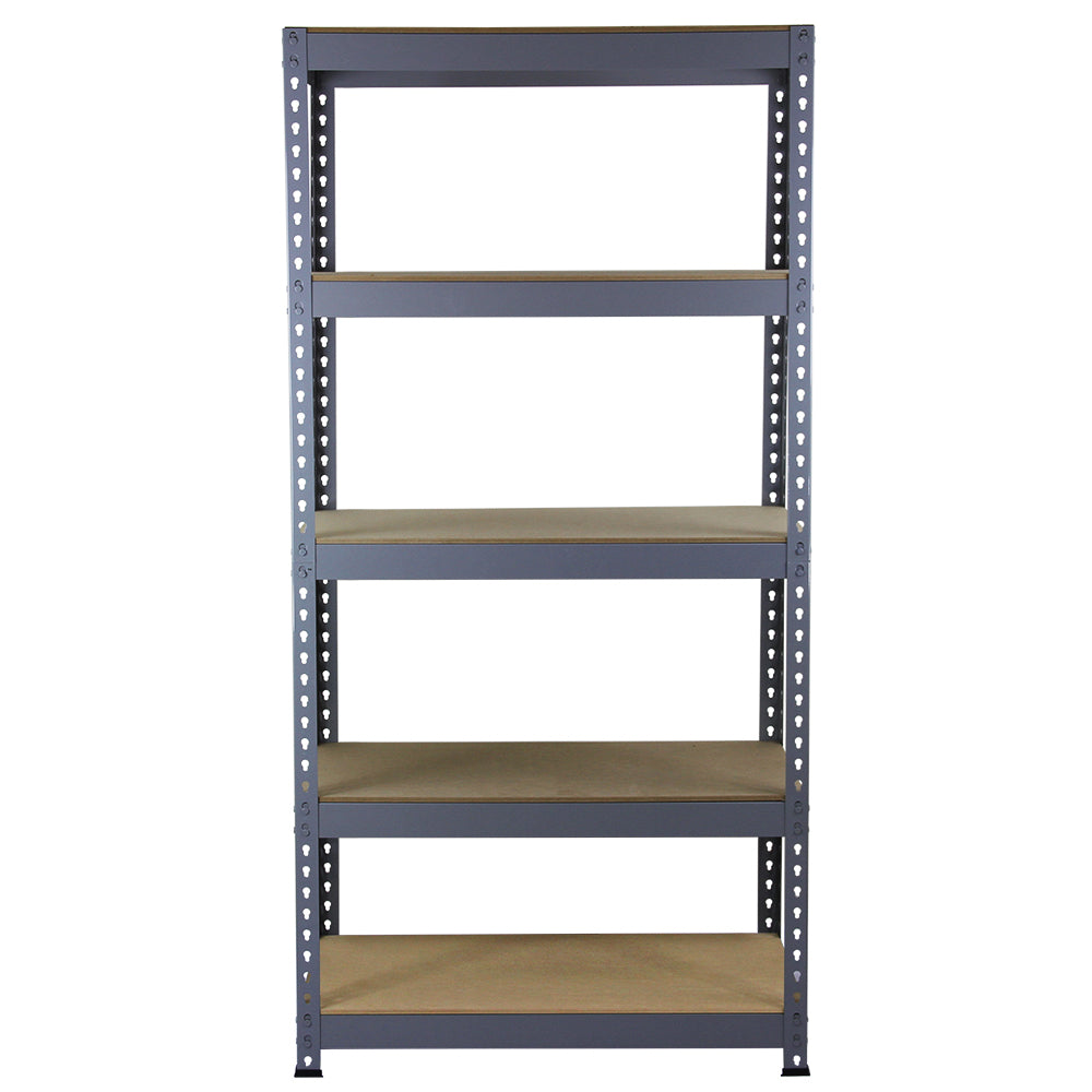 Scaffale da garage grigio in metallo con cinque ripiani in legno, design robusto e pratico per organizzare spazi di lavoro e stoccaggio
