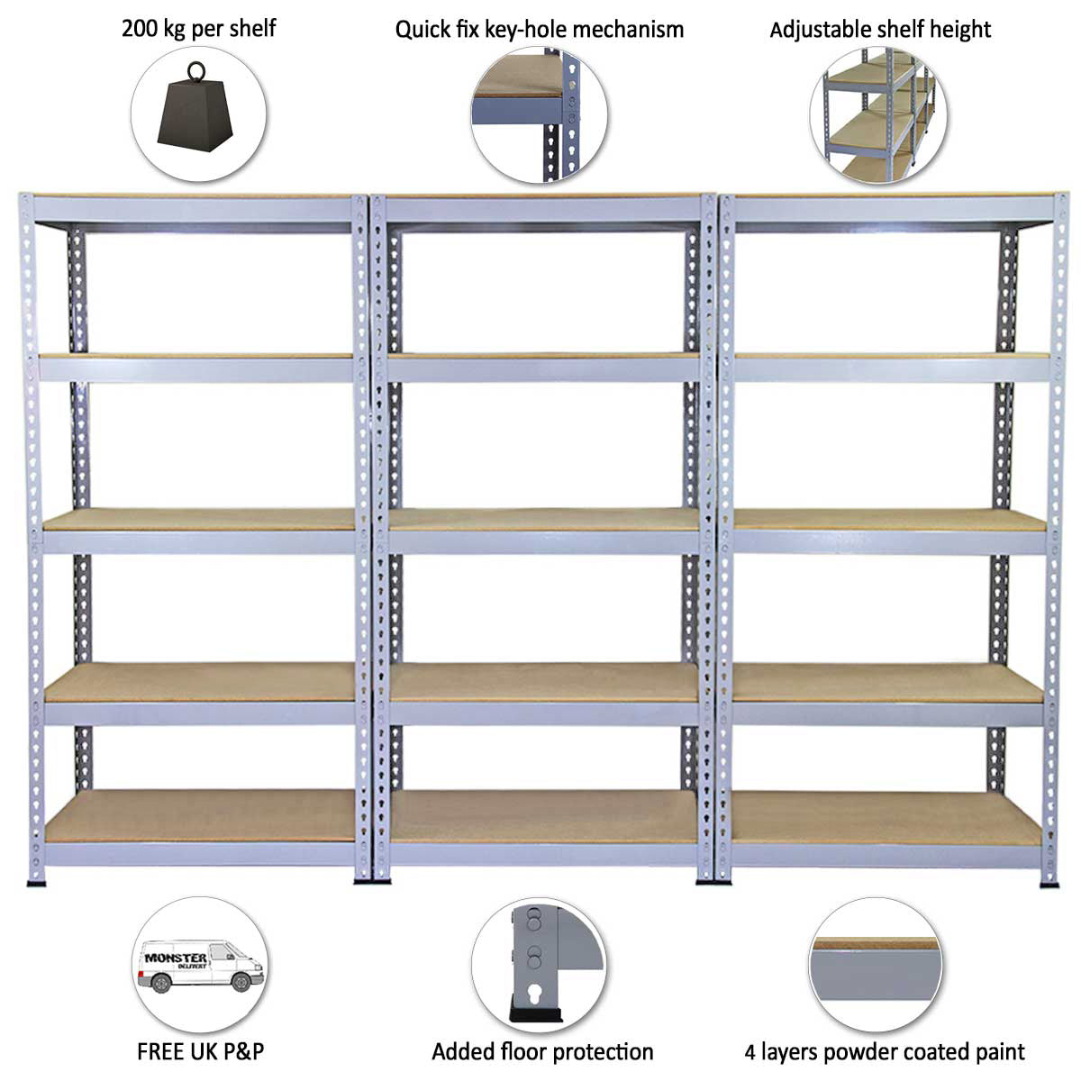 Scaffale da garage grigio in metallo, 90cm x 50cm, con ripiani regolabili e meccanismo di fissaggio a chiave, resistente e pratico