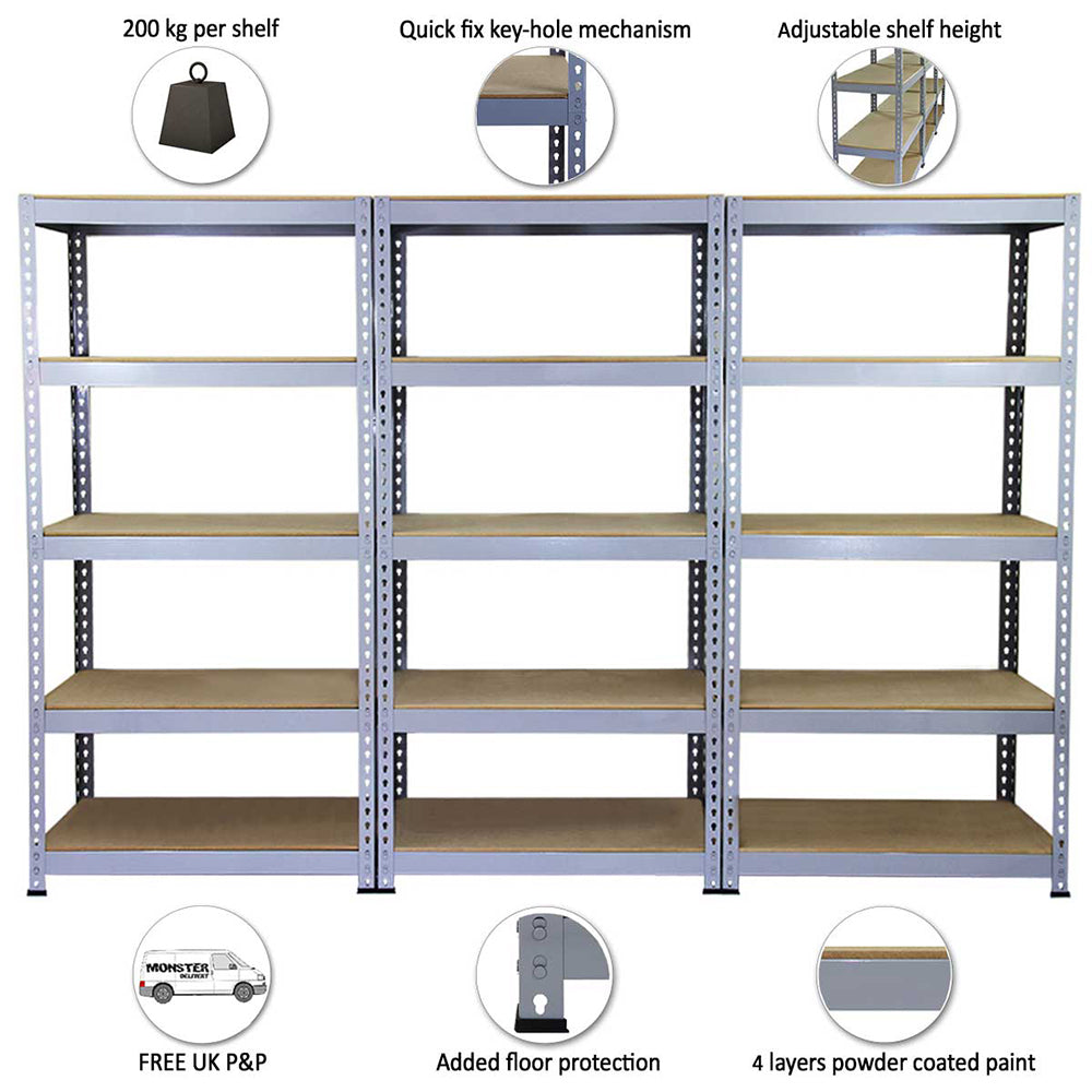 Scaffale da garage grigio in metallo, dimensioni 90cm x 50cm, con ripiani regolabili e meccanismo di fissaggio rapido, resistente fino a 200 kg per ripiano