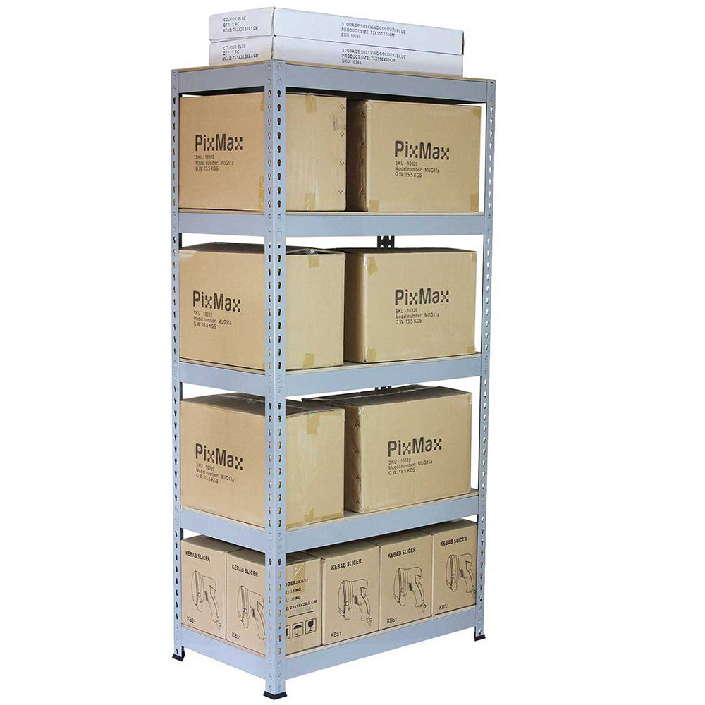Scaffale da garage grigio in metallo, con quattro ripiani, carico di scatole di cartone, ideale per organizzare spazi di stoccaggio