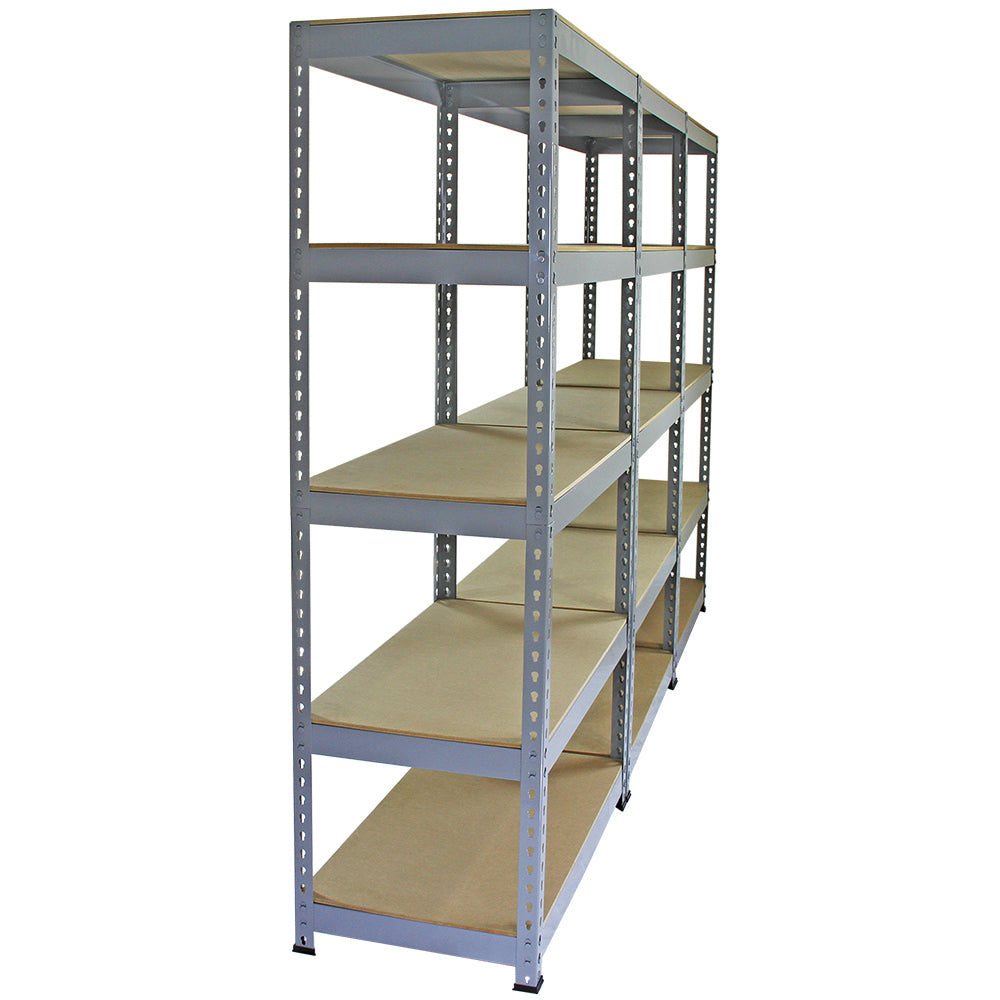 Scaffale da garage ad incastro Q-Rax grigio, con sei ripiani in MDF, struttura metallica robusta e finitura liscia, dimensioni 90cm x 50cm