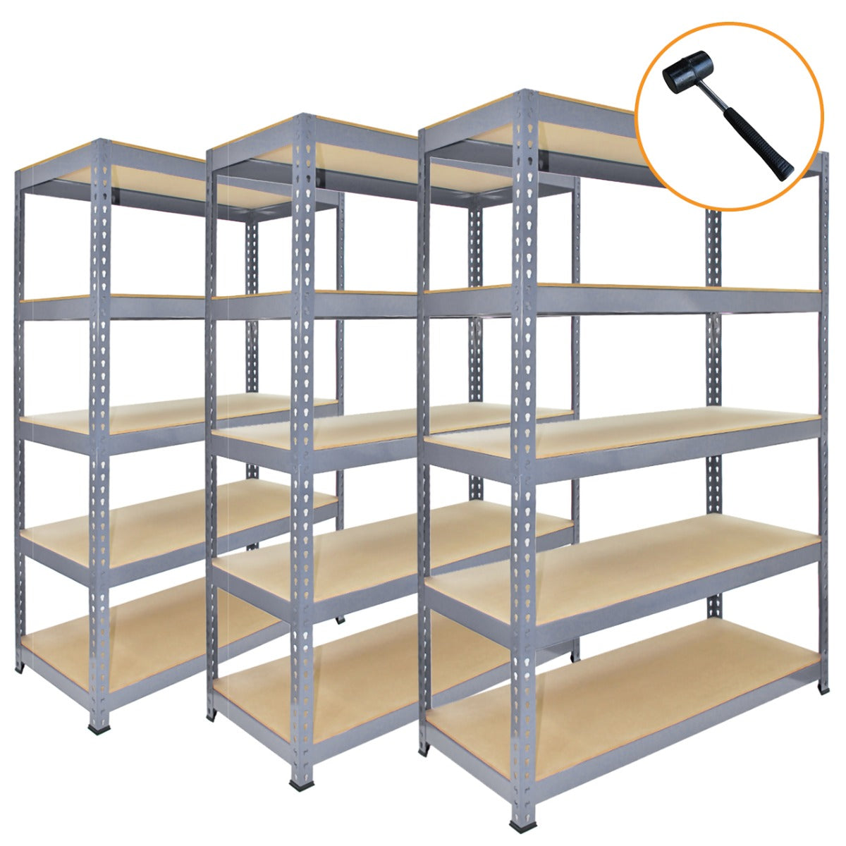 Scaffale da garage grigio in metallo, 90cm x 50cm, composto da 3 pezzi con ripiani in legno e martello incluso per montaggio facile