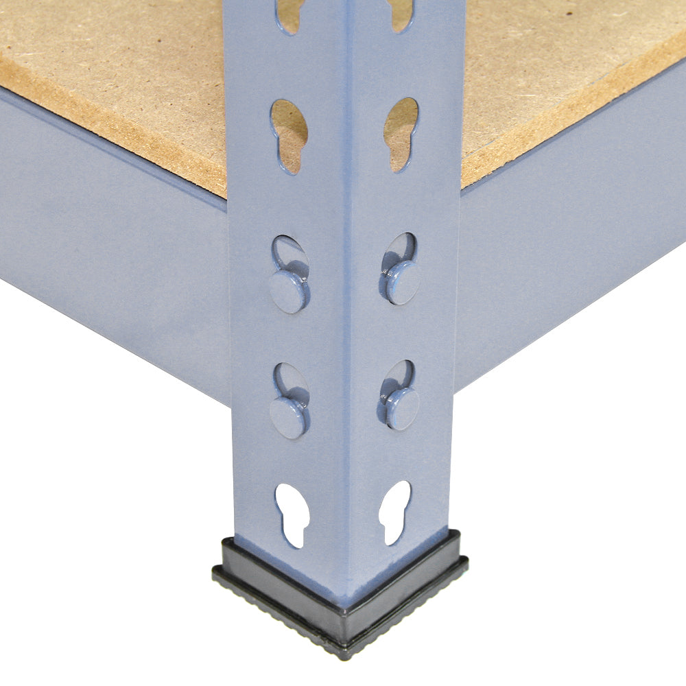 Scaffale da garage Q-Rax grigio, dettagli del supporto metallico e della base in legno, progettato per un facile montaggio e stabilità