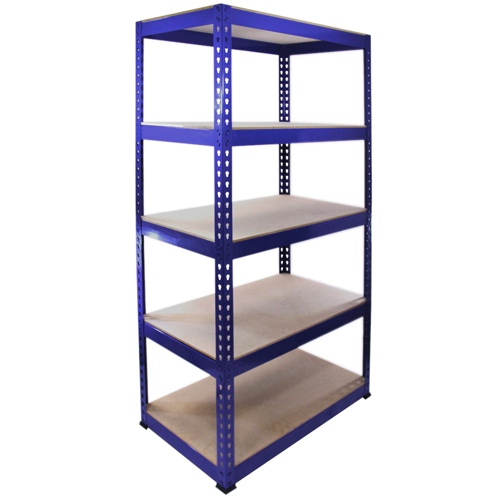 Scaffale da garage ad incastro Q-Rax, blu, con cinque ripiani in legno, struttura robusta e design funzionale per ottimizzare lo spazio