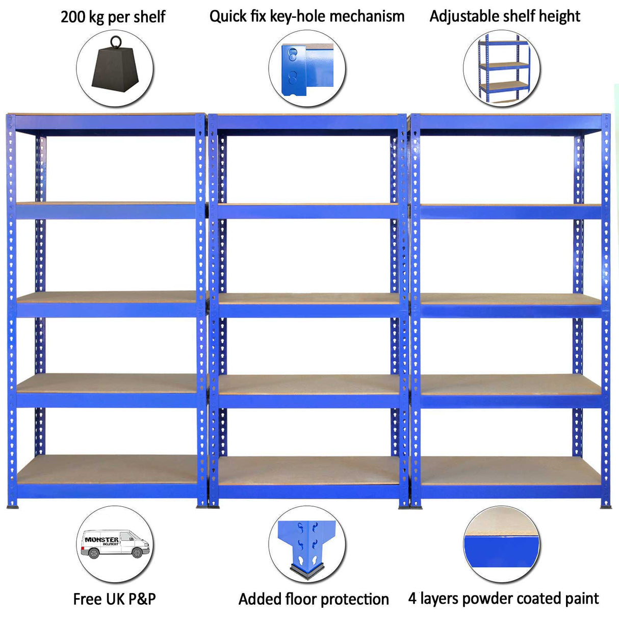 Scaffale da garage blu in metallo con tre ripiani da 90 cm e due ripiani da 120 cm, finitura resistente e regolabile in altezza