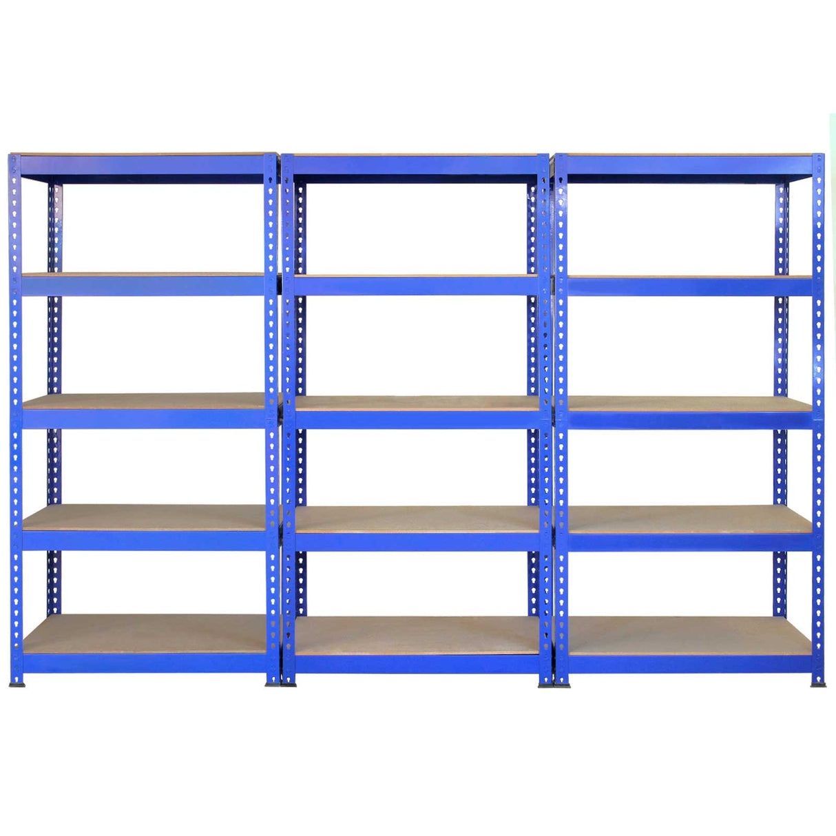 Scaffale da garage ad incastro Q-Rax blu, composto da 2 scaffali da 90 cm e 3 scaffali da 120 cm, con ripiani in legno chiaro