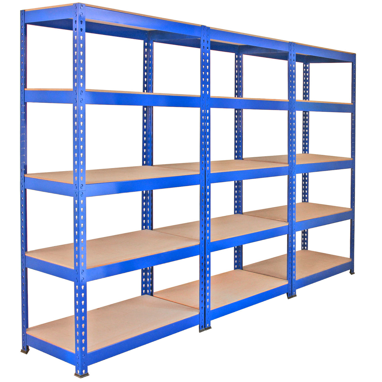 Scaffale da garage ad incastro Q-Rax in blu, con tre ripiani da 90 cm e due da 120 cm, struttura robusta e finitura liscia