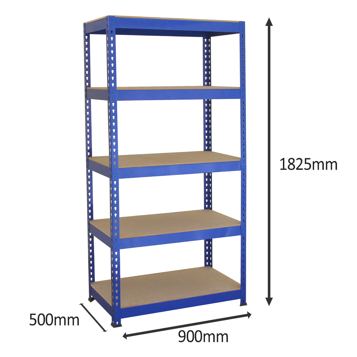 Scaffale da garage blu in metallo, dimensioni 90cm x 50cm, con cinque ripiani robusti e struttura resistente, ideale per organizzare spazi