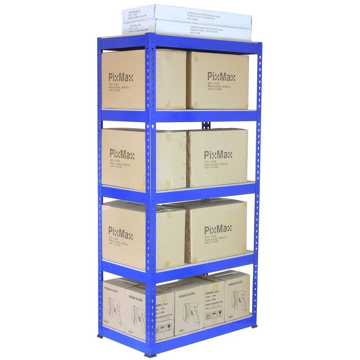 Scaffale da garage blu in metallo con tre ripiani da 90 cm e due ripiani da 120 cm, carico di scatole di cartone beige