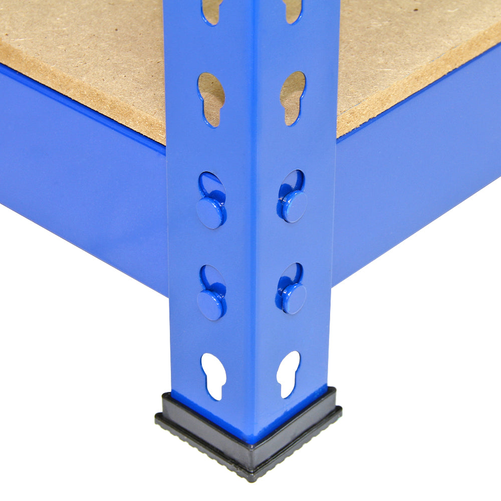 Scaffale da garage blu con struttura in metallo e ripiano in MDF, dimensioni 90cm x 50cm, progettato per un facile montaggio e stabilità
