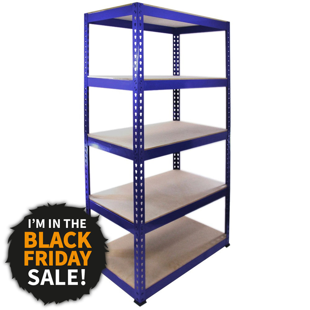Scaffale da garage blu in metallo con cinque ripiani in legno, ideale per organizzare spazi e ottimizzare il deposito