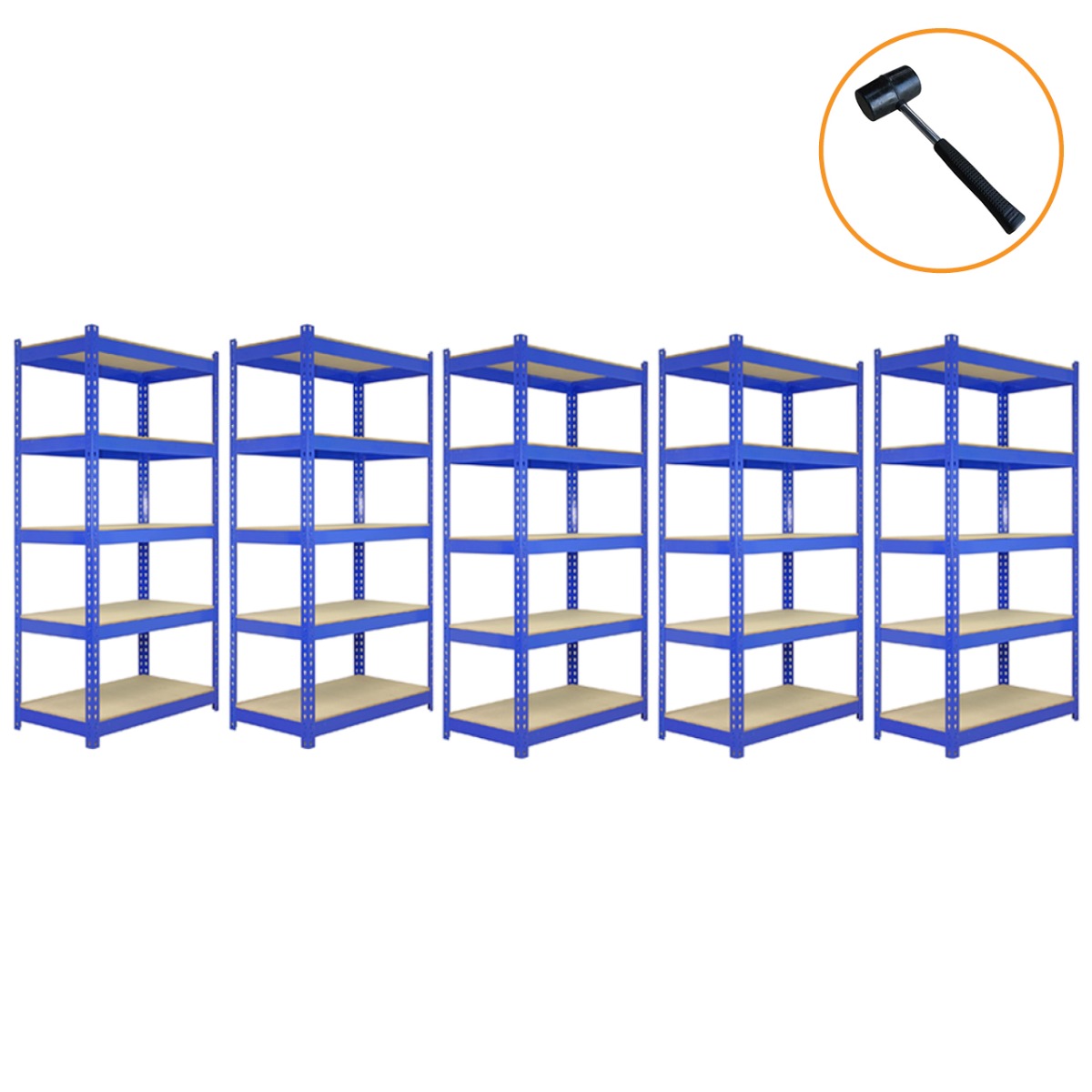 Scaffale da garage blu con tre ripiani da 90 cm e due da 120 cm, struttura robusta e martello incluso per un facile montaggio