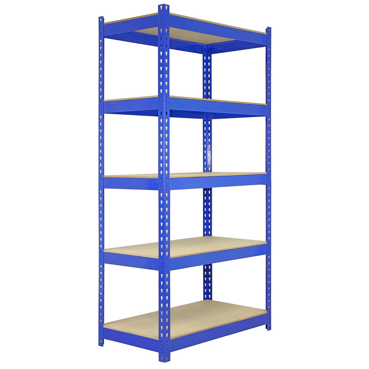 Scaffale da garage blu con 3 ripiani da 90 cm e 2 ripiani da 120 cm, struttura metallica robusta e ripiani in truciolato resistente