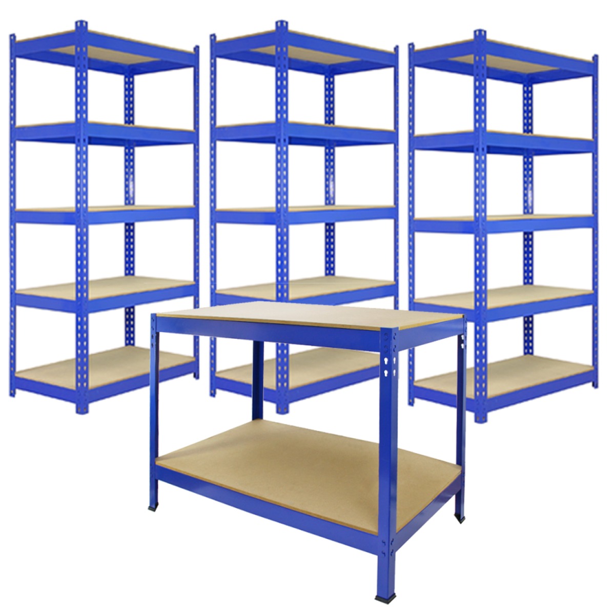 Scaffale da garage blu in metallo con ripiani in legno, composto da tre unità e un banco da lavoro di 120 cm, robusto e funzionale