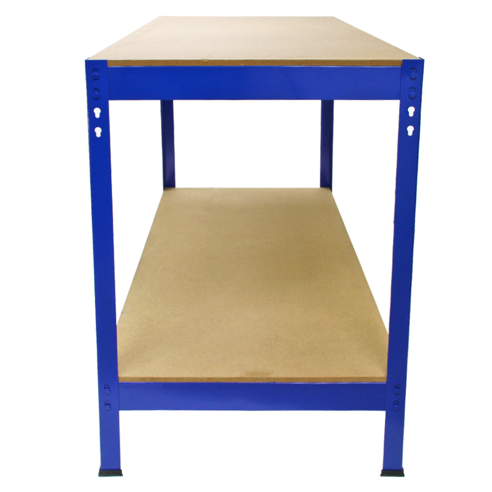 Scaffale da garage blu con struttura metallica, ripiani in legno, design robusto e funzionale, ideale per organizzare attrezzi e materiali