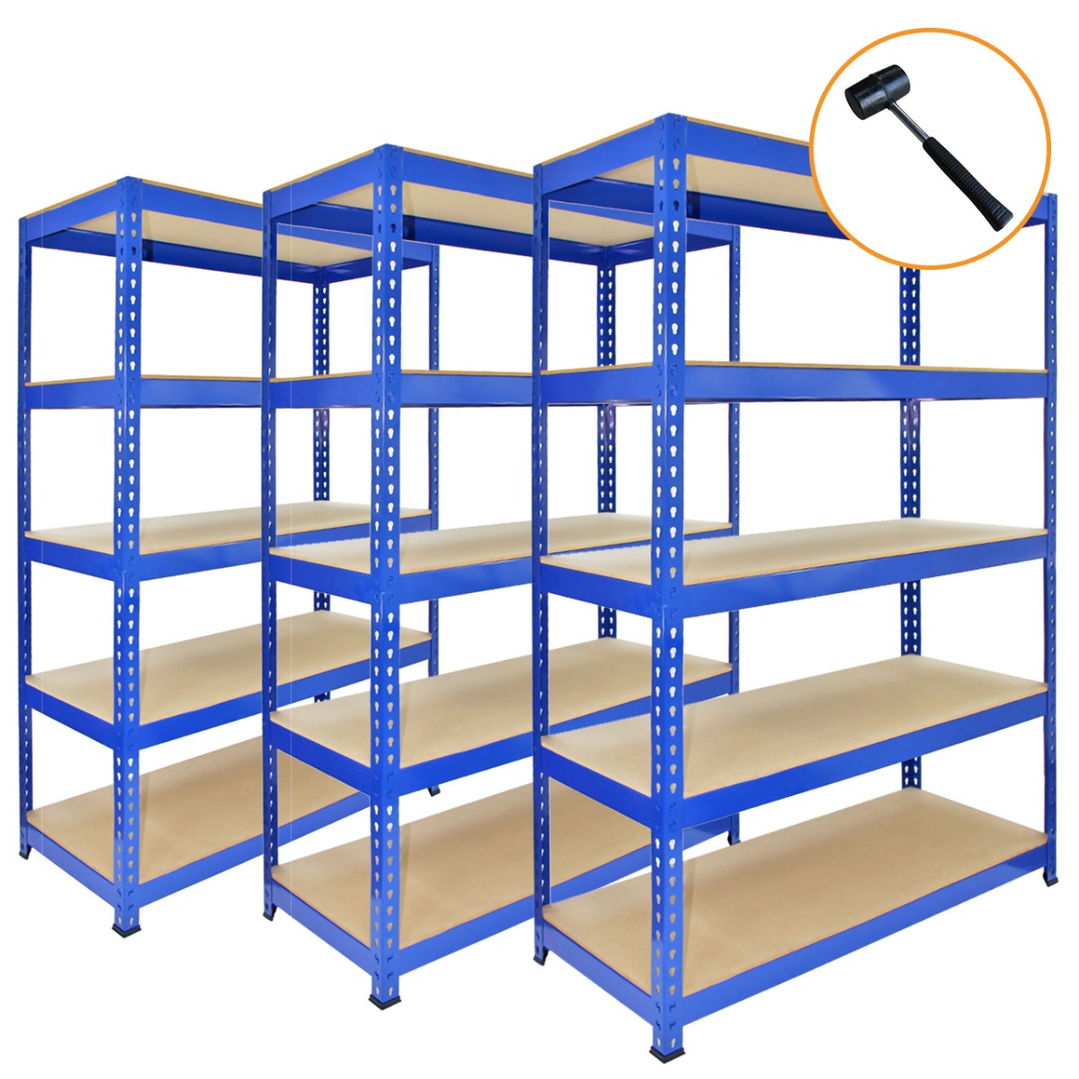Scaffale da garage blu in metallo, 90cm x 50cm, composto da 3 pezzi con ripiani in MDF e martello incluso per il montaggio