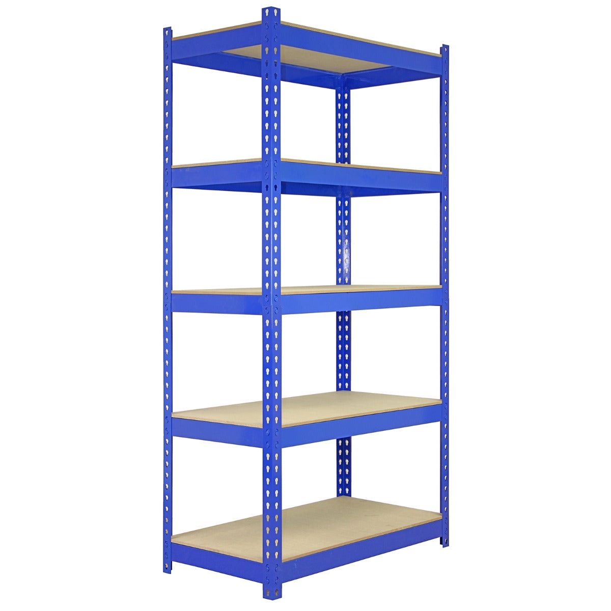 Scaffale da garage blu in metallo, con cinque ripiani in legno, design robusto e incastro facile, dimensioni 90cm x 50cm