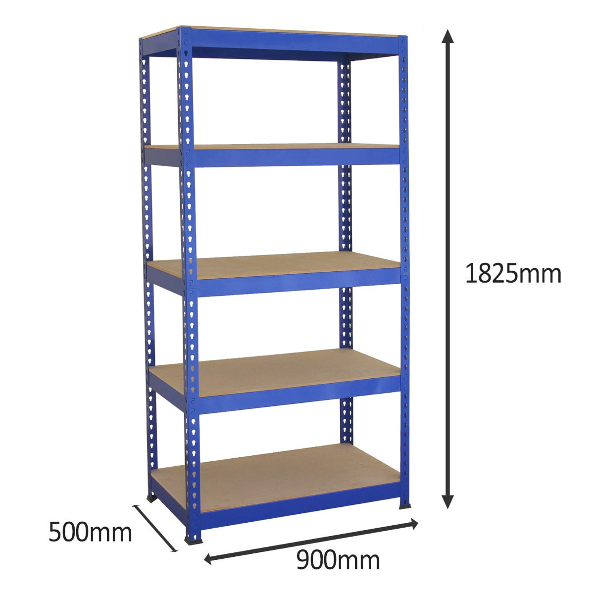 Scaffale da garage blu in metallo, dimensioni 90cm x 50cm, con cinque ripiani e martello incluso per un facile montaggio
