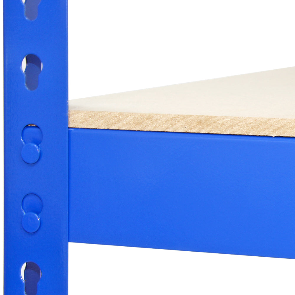 Scaffale da garage blu in metallo con ripiano in legno, design robusto e pratico, ideale per organizzare spazi di lavoro e stoccaggio
