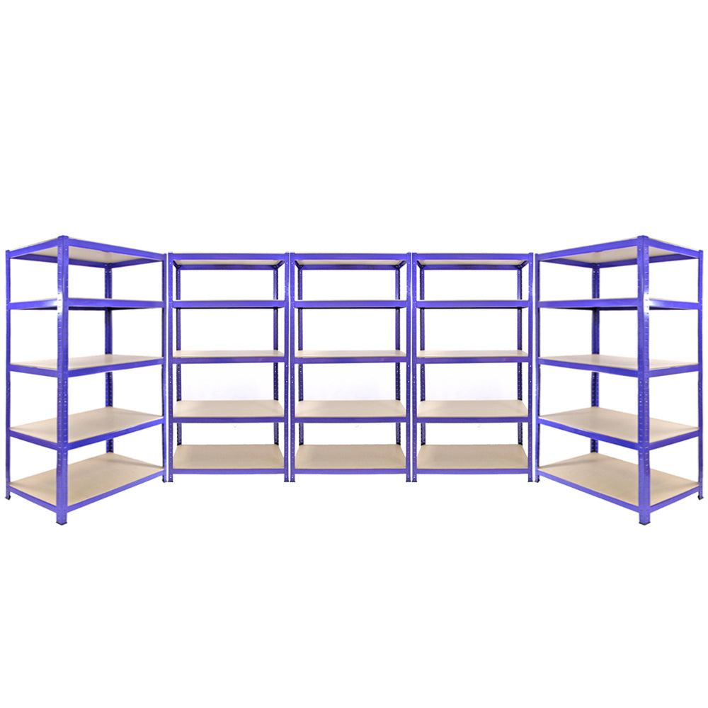Scaffale da garage ad incastro Q-Rax blu, composto da 3 scaffali da 90 cm e 2 scaffali da 120 cm, con ripiani in legno chiaro