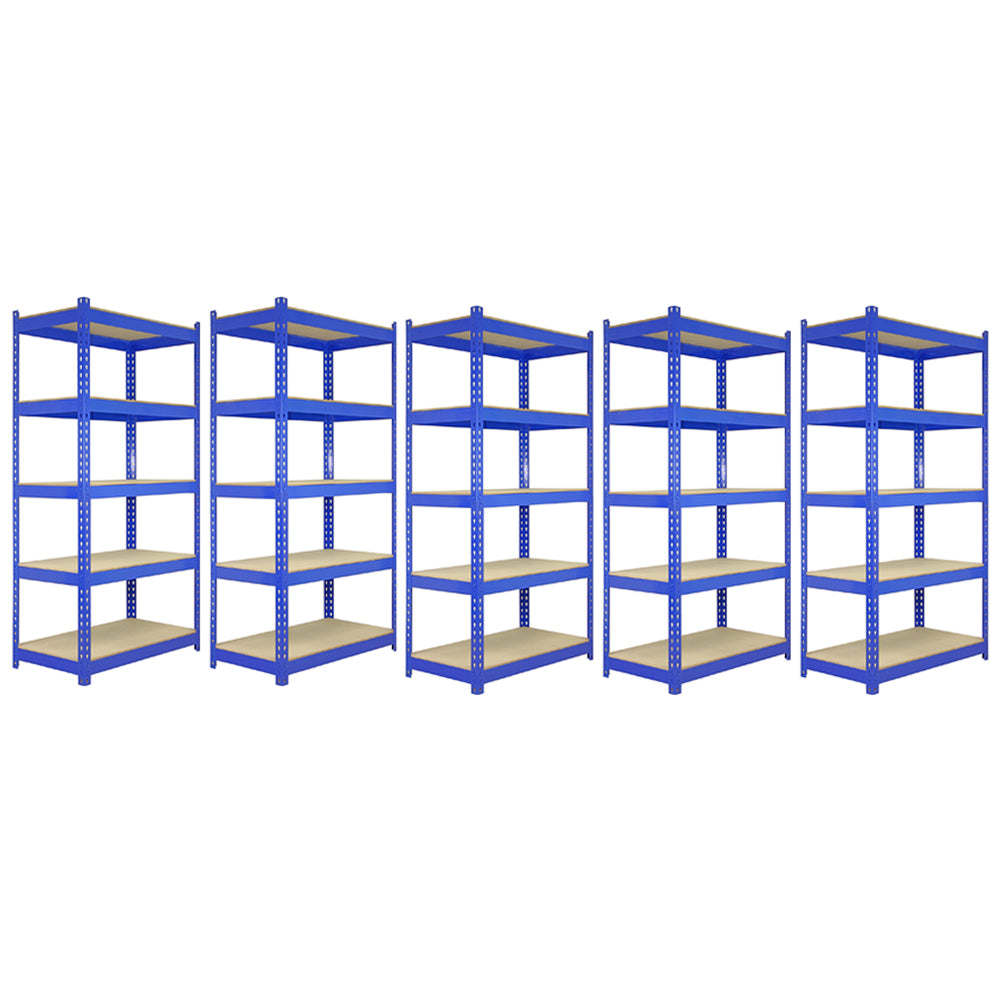Scaffale da garage ad incastro Q-Rax blu, 90cm x 50cm, composto da 5 pezzi con ripiani in legno chiaro e struttura metallica robusta