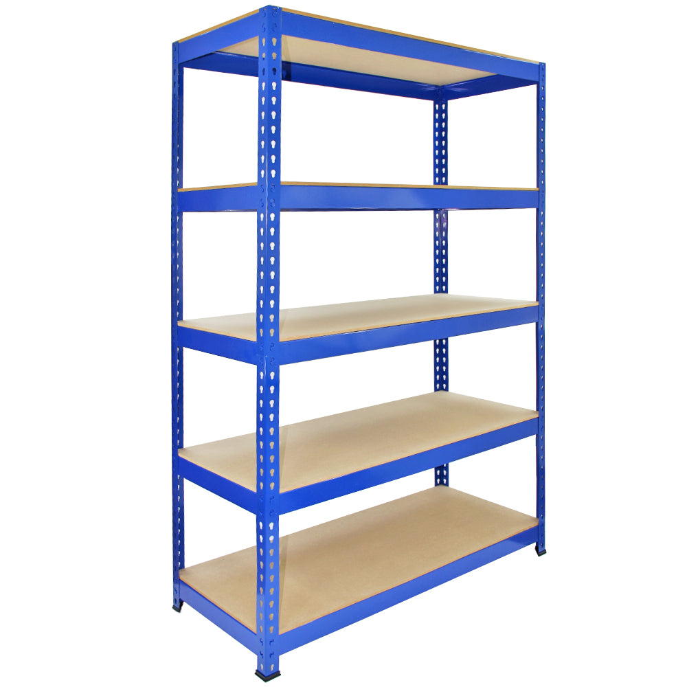 Scaffale da garage blu in metallo con 5 ripiani in legno, ideale per organizzare spazio e materiali, robusto e funzionale