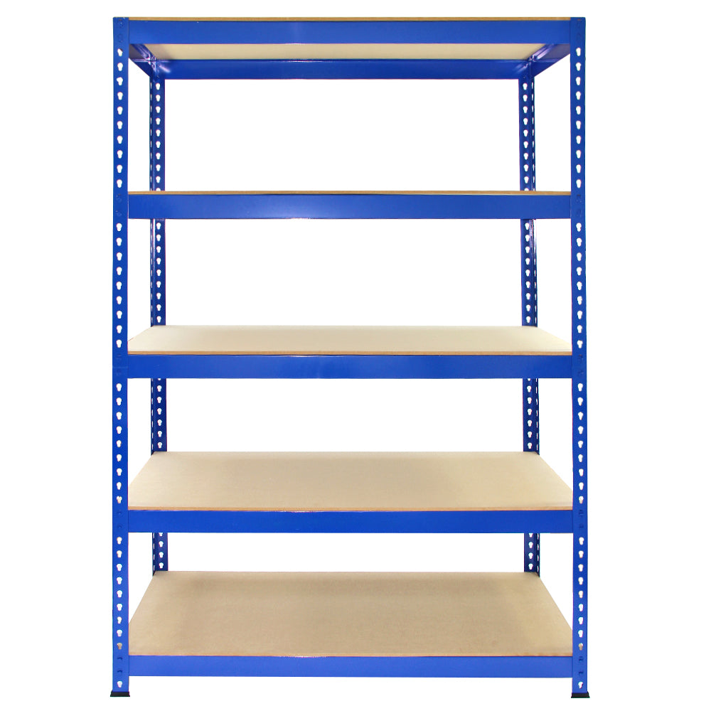 Scaffale da garage blu con 5 ripiani, struttura metallica robusta e ripiani in MDF, ideale per organizzare spazi di lavoro e stoccaggio