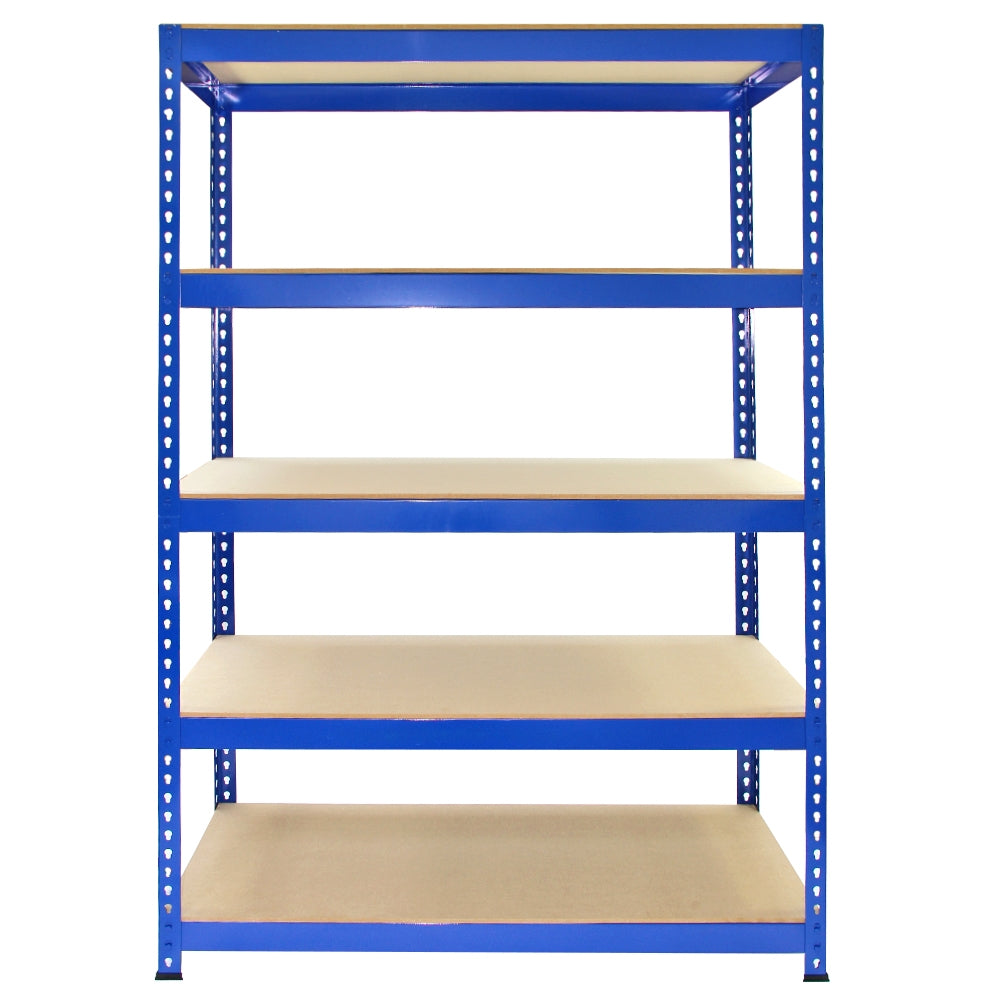 Scaffale da garage blu in metallo con 5 ripiani, due da 90 cm e tre da 120 cm, superficie liscia e resistente per stoccaggio efficiente