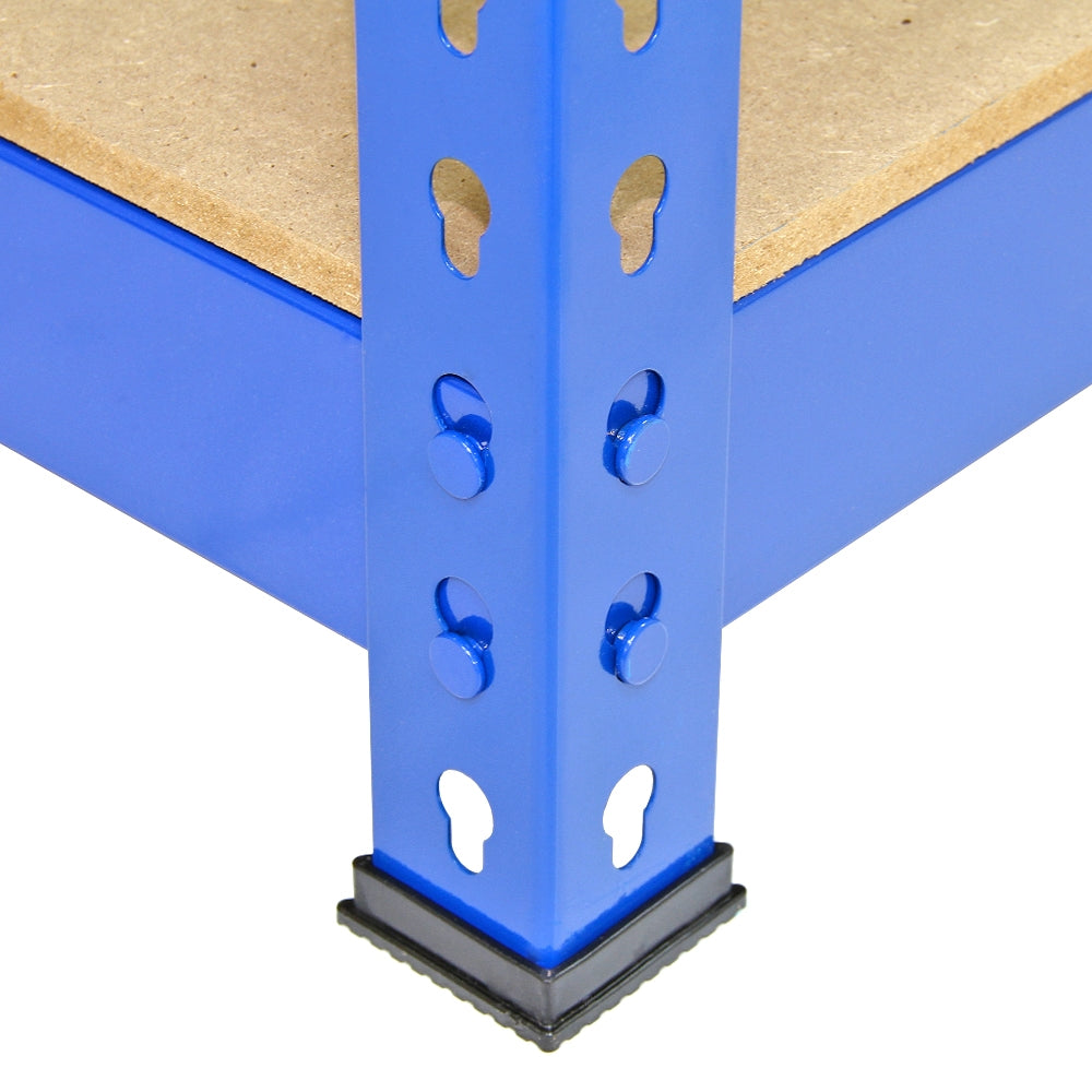 Scaffale da garage blu con struttura metallica robusta e ripiani in truciolato, ideale per organizzare spazi di lavoro e stoccaggio