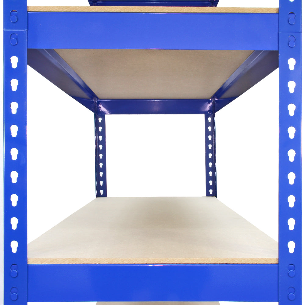 Scaffale da garage blu in metallo con ripiani in truciolato, design robusto e pratico, dimensioni 120cm x 50cm, ideale per stoccaggio