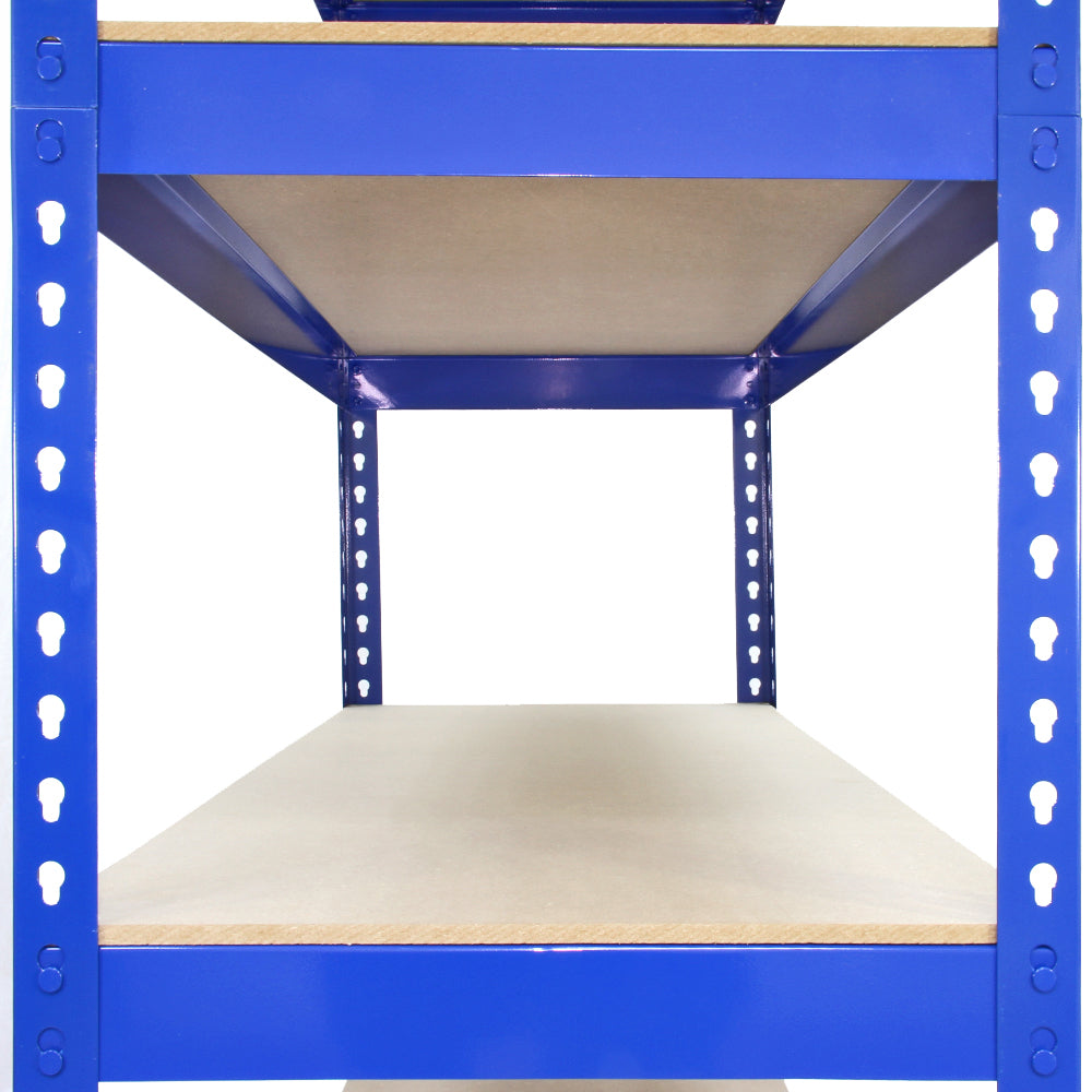 Scaffale da garage ad incastro Q-Rax blu, con ripiani in MDF, struttura robusta e design funzionale, dimensioni 120cm x 50cm