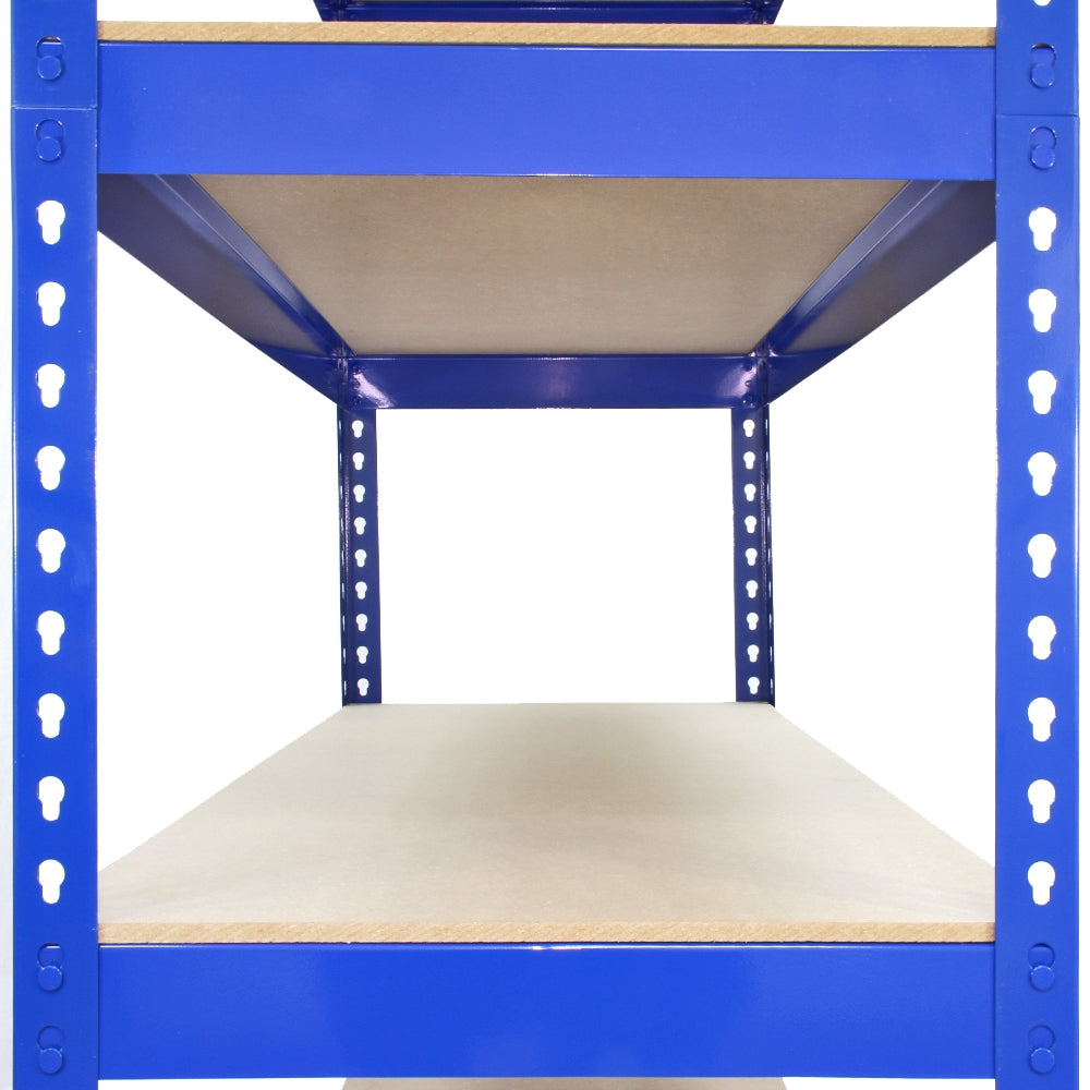 Scaffale da garage blu con ripiani in truciolato, design robusto e pratico, ideale per organizzare spazi di lavoro e stoccaggio