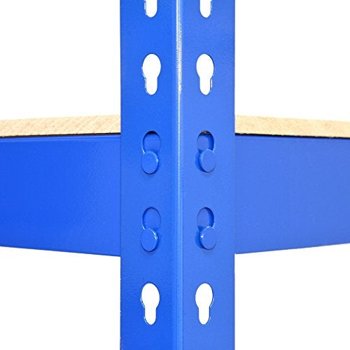 Scaffale da garage blu in metallo con ripiani in legno, design robusto e incastro, ideale per organizzare spazi di lavoro e stoccaggio