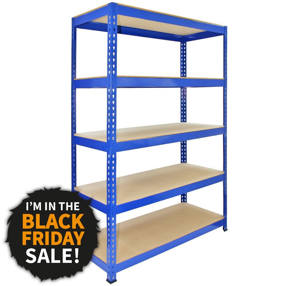 Scaffale da garage ad incastro Q-Rax blu, con cinque ripiani in legno, robusto e spazioso, ideale per organizzare oggetti pesanti