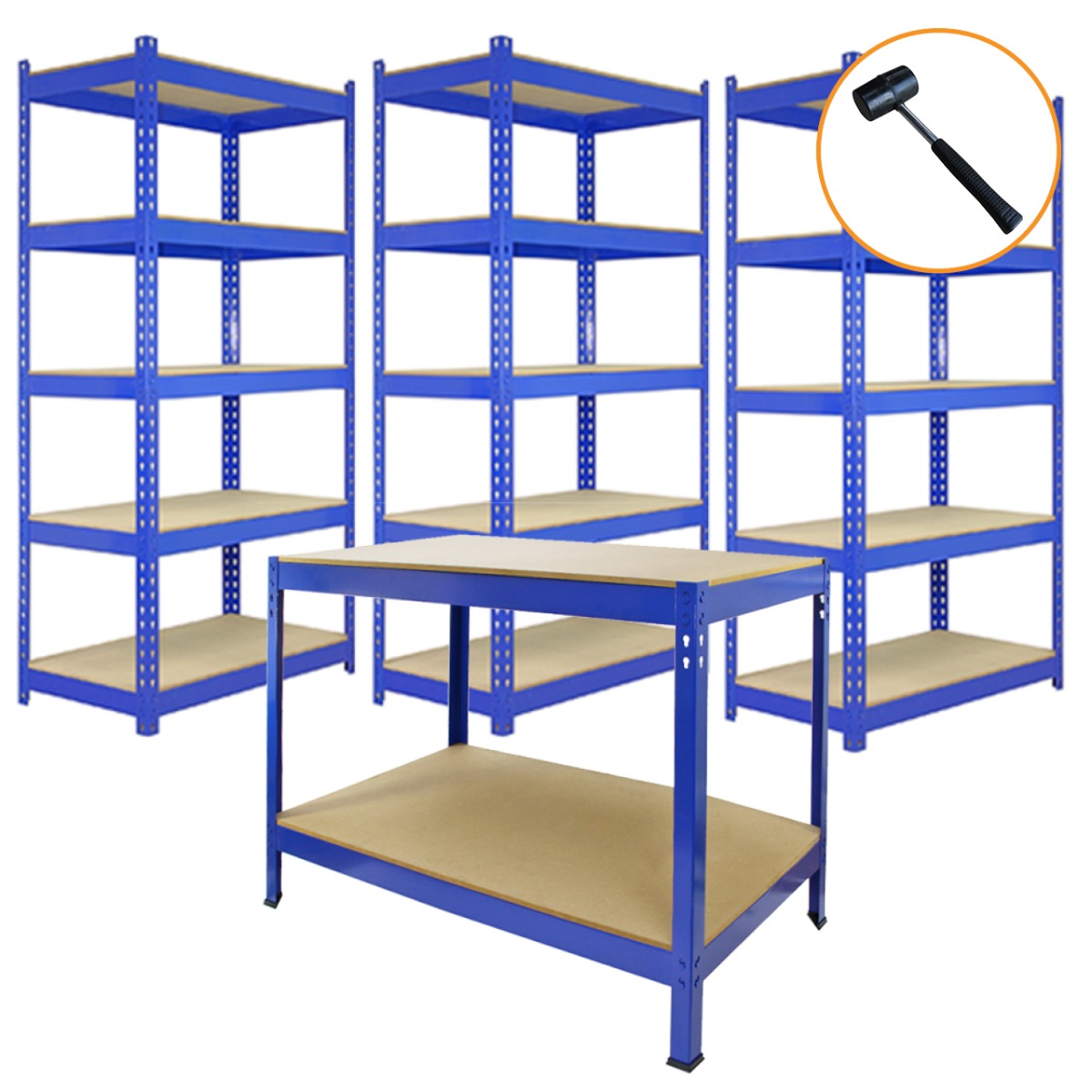 Scaffale da garage blu con due scaffali da 90 cm e tre da 120 cm, struttura robusta in metallo e ripiani in legno resistente, incluso martello