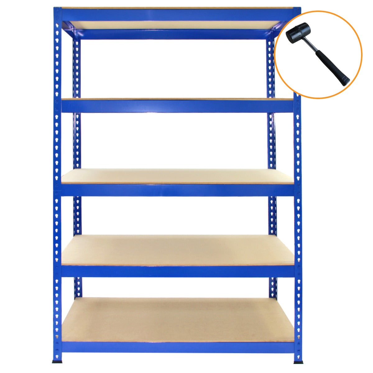 Scaffale da garage blu in metallo, con cinque ripiani in legno, incluso martello per il montaggio, dimensioni 120cm x 50cm