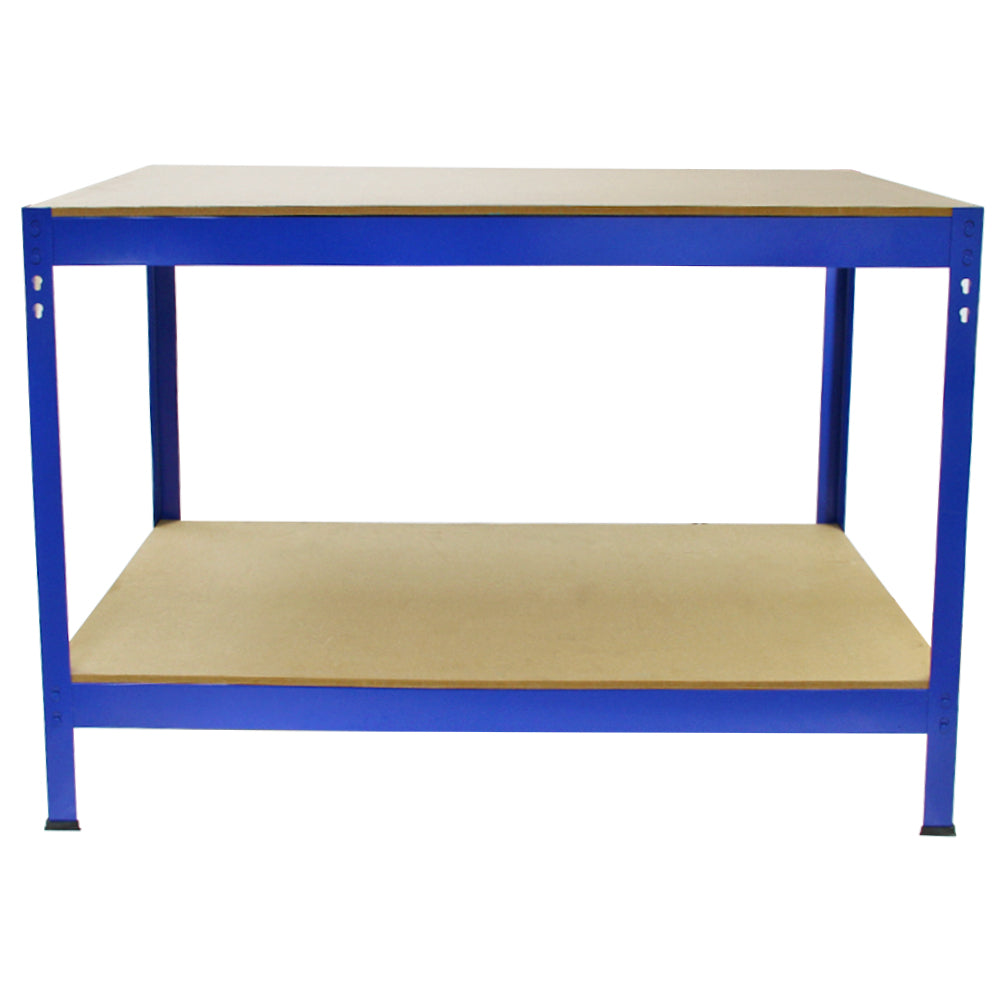 Scaffale da garage blu con struttura in metallo e ripiani in legno, ideale per organizzare attrezzi e materiali di lavoro