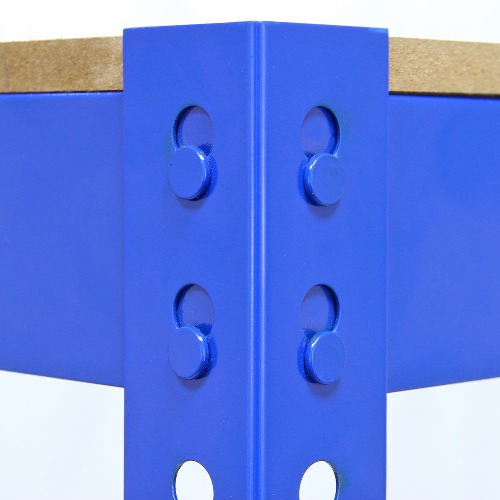 Angolo di scaffale da garage blu T-Rax con supporti metallici e piano di lavoro in legno, evidenziando la robustezza e il design funzionale
