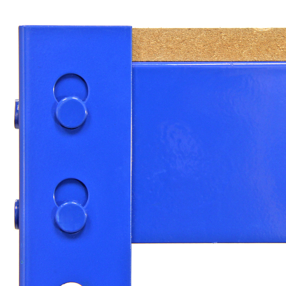 Scaffale da garage blu in metallo con superficie in legno, dettagli robusti e finiture lisce, ideale per organizzare spazi di lavoro